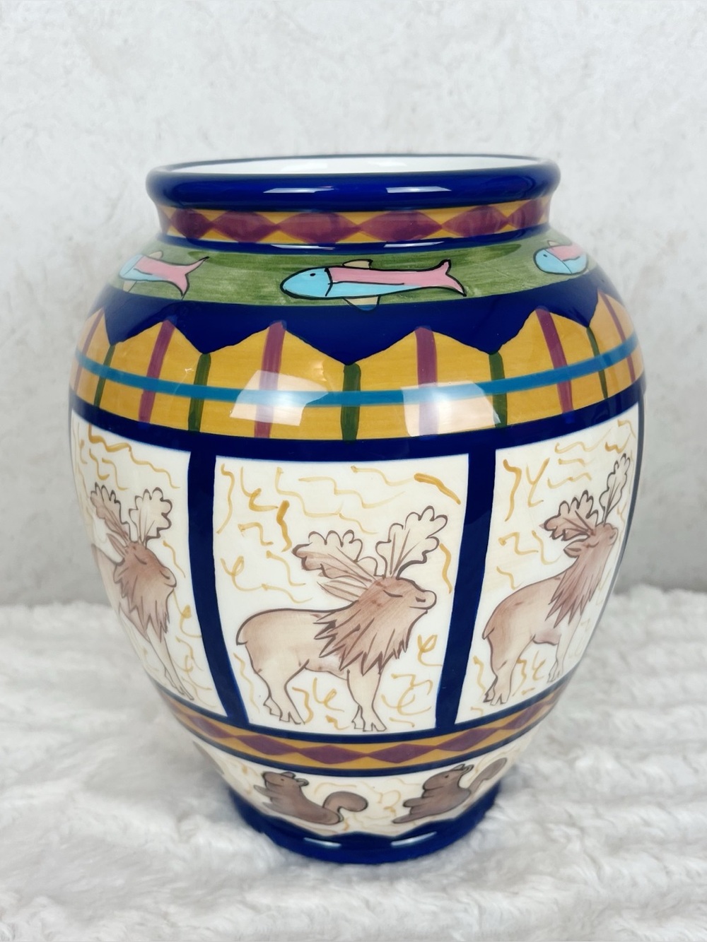 Vintage Zrike Danna Cullen Rare Field Stream Large Vase Planter Moose Fish Cabin